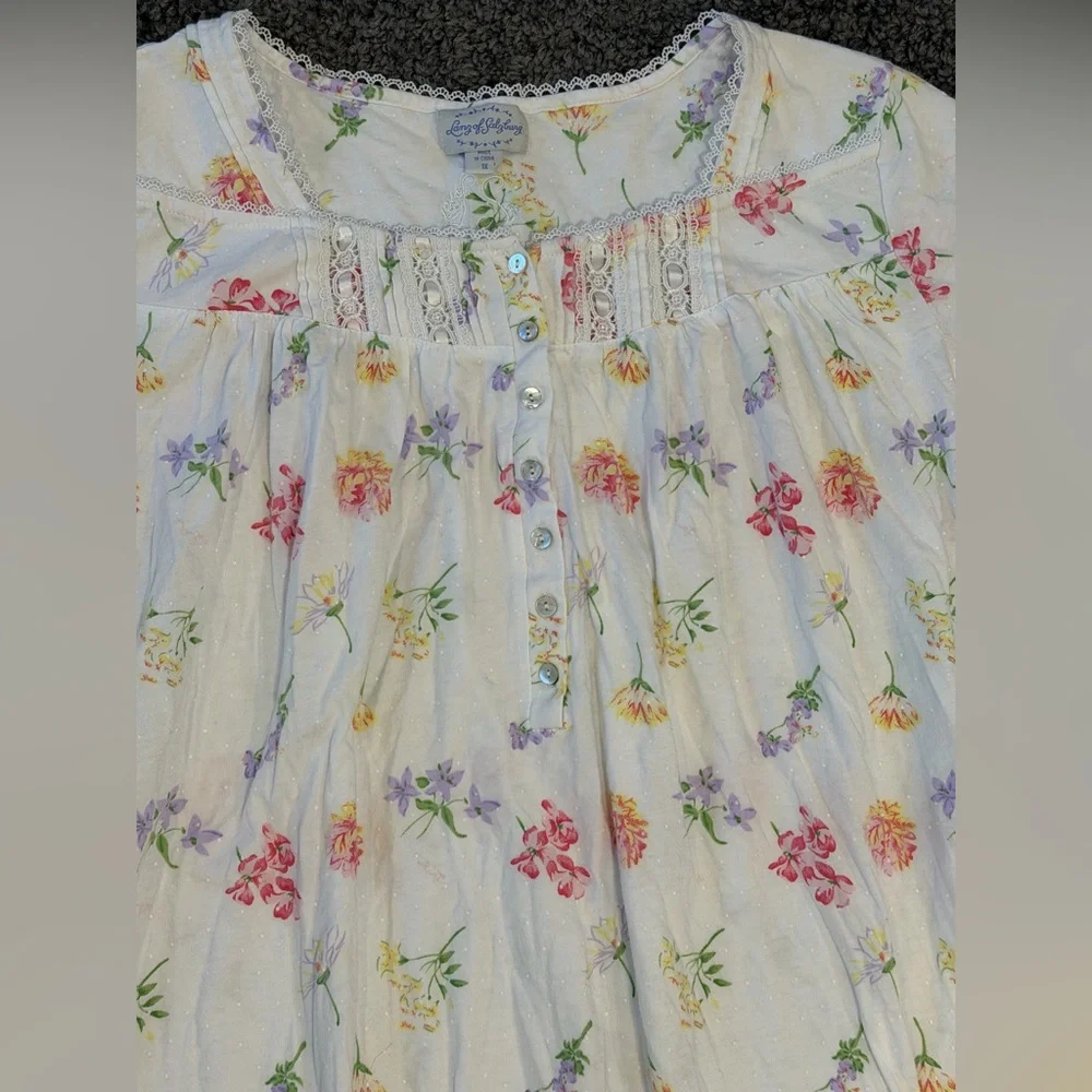 Lanz of Salzburg Tossed Floral Cotton Knit Long Nightgown White Floral Womens 1X